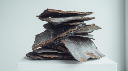Aufkleber - Rough and jagged scrap metal piles stacked on a white surface, showcasing the raw texture and industrial tones in a clean, minimalistic setting