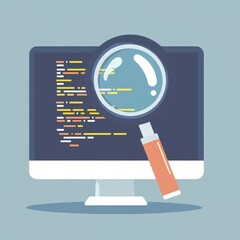 Poster - A close-up illustration of a computer screen showing code, with a magnifying glass and highlighter, representing code review.