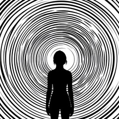 Poster - Silhouette of a female figure surrounded by swirling black and white patterns, creating a sense of depth and motion.