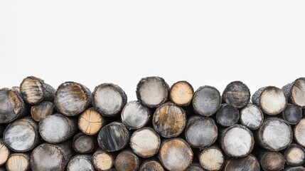 Poster - Rustic firewood logs, stacked in a natural, textured arrangement, isolated on a pure white background, emphasizing their earthy tones and shapes