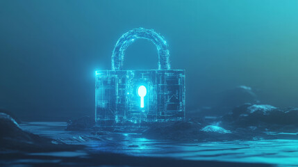 Poster - Abstract cyber security padlock Technology Futuristic Concept Atomic Atom Communication On a modern blue background