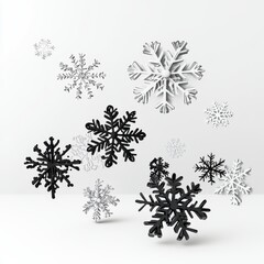 Poster - Stylish monochrome snowflakes float in a minimalist setting, creating a whimsical winter atmosphere.
