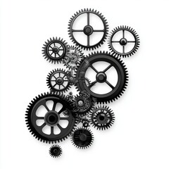 Poster - An intricate arrangement of black gears illustrating teamwork and machinery in an abstract design.