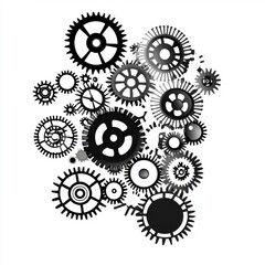 Poster - An abstract composition of interlocking gears in black and white, representing mechanical complexity and innovation.