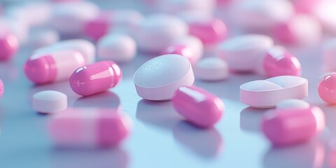 Soft focus pharmaceutical image featuring pastel colored pills, capsules, and tablets, highlighting the essence of medicine in a visually appealing manner, ideal for medical and wellness themes.