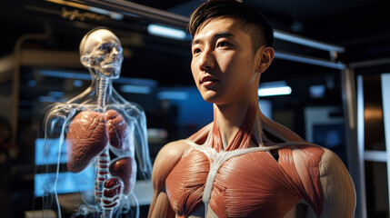 Poster - abstract technology futuristic concept of digital human body biomedical digital interface future design on hi tech background.	