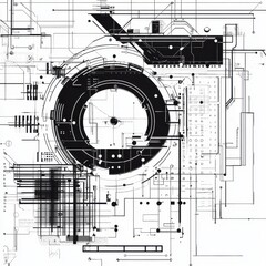 Poster - Abstract monochrome graphic design featuring intricate geometric patterns and lines.