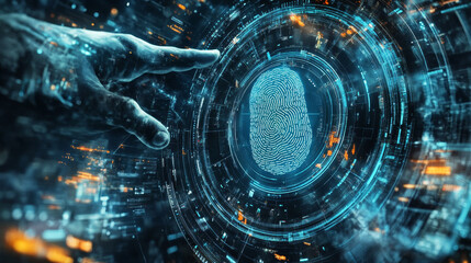 Poster - finger print On a blue background, digital background, hi-tech, hud, interface, modern blue abstract concept, fingerprint scanning, hologram, identity verification
