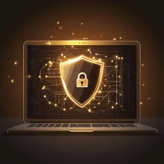 Poster - A glowing shield symbolizing digital security on a laptop screen against a dark background.