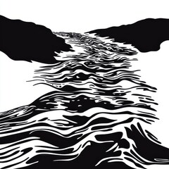 Poster - Artistic black and white illustration of flowing water, capturing movement and texture in a minimalist style.