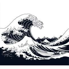 Poster - A dramatic wave curls with intricate details, showcasing a monochromatic style and distant mountains in the background.