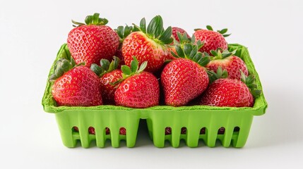 Juicy fresh strawberries arranged in a green basket against a clean white background, showcasing the vibrant colors and freshness of these delicious fresh strawberries.