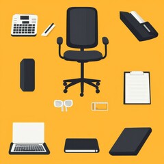 Poster - A modern office workspace featuring a black ergonomic chair surrounded by essential office supplies.