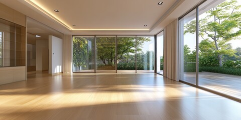 Canvas Print - A spacious living room featuring sliding glass doors and floor space to the right, showcasing an empty living room design that emphasizes openness and possibilities in an empty living room.