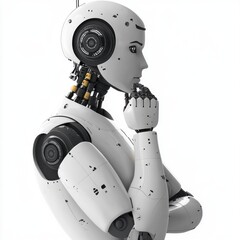 Poster - A thoughtful humanoid robot in profile, showcasing intricate mechanical details and a sleek white design.