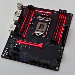 Aufkleber - A close-up view of a sleek motherboard illuminated with red LED lights, showcasing intricate circuitry and components.