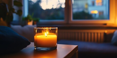 Canvas Print - There is a glass and an illuminated candle positioned on the windowsill within the living room space. The candle provides warmth and light in the room.