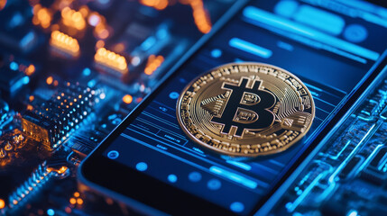 Poster - Abstract Mobile and Fintech Technology Element HUD Interface Concept Financial Technology Cryptocurrency Payment On a blue background, futuristic, modern