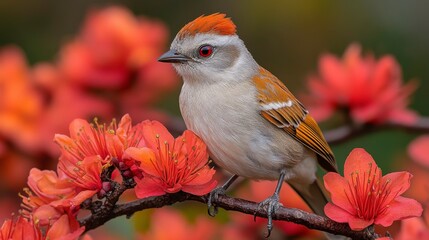 Wall Mural - Colorful Bird Sitting on Branch with Vibrant Red Flowers in Soft Focus, Capturing Nature's Beauty and Serenity in a Stunning Spring Scene