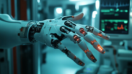 Poster - Abstract technology AI arm digital artificial intelligence concept Machine in Human for  treatment about health medical science medicine. Example Arm Machine are linkage with Human Arm. Interface HUD.