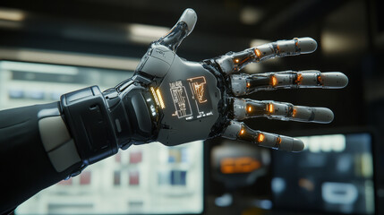 Poster - Abstract technology AI arm digital artificial intelligence concept Machine in Human for  treatment about health medical science medicine. Example Arm Machine are linkage with Human Arm. Interface HUD.