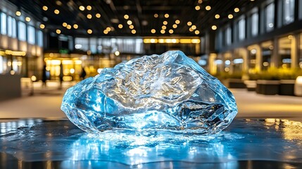 Poster - Glowing Ice Sculpture of 2025, a stunning blue masterpiece, intricate designs shimmering under soft light, embodying winter's elegance and artistry.