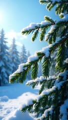 Sticker - Frosty evergreen branches glistening with ice crystals in a blue sky, snow, nature, landscape