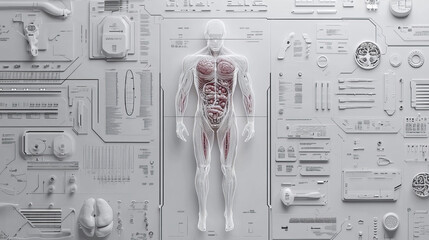 Poster - abstract technology grey white background with various technology concept elements digital data chart hi tech,human health,technological hud interface hologram innovation circle.illustration Vector