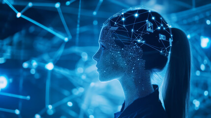 Poster - Abstract hand drawn wireframe, digital dots, AI and human concept in the future. change or transfer of information artificial intelligence On a blue background, digital, modern, beautiful, futuristic.