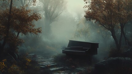 A grand piano sits in a misty autumn forest on a stone path.