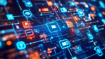 Fototapete - Abstract technology futuristic concept internet of things digital iot infographic on circuit board on modern blue background modern hi tech