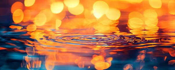 Aufkleber - Concentric ripples expanding on water surface reflecting golden bokeh lights