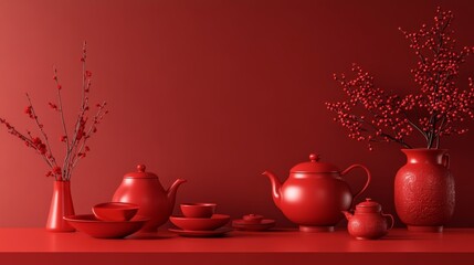 A monochromatic red display featuring teapots, cups, and decorative branches.