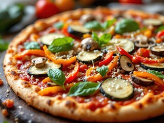 Delicious homemade pizza with fresh vegetables and herbs, highlighting an authentic and healthy food choice. Ideal for food blogs, recipe websites, or restaurant promotions.