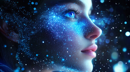 Poster - Blue AI Digital Finger Pointing fingers against each other in the background. Concept of connection between AI. Artificial Intelligence With blue light and beautiful sparkles, Futuristic