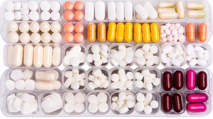 Poster - A photostock of colorful pills and capsules in a transparent container, isolated