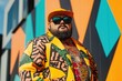 © Dream Decko - Bold fashion portrait of a confident man in a vibrant patterned outfit and sunglasses against a geometric abstract background