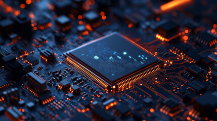 Poster - Abstract technology Ai computing chipset on circuit board concept working data of Artificial intelligence and futuristic digital for future on dark blue background.	