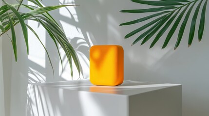 Poster - A vibrant orange speaker on a minimalist pedestal, surrounded by leafy shadows.