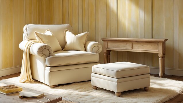 Warm setting  unfold a cozy white lazy sofa in a wooden room