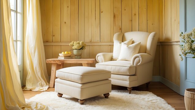 Warm setting  unfold a cozy white lazy sofa in a wooden room