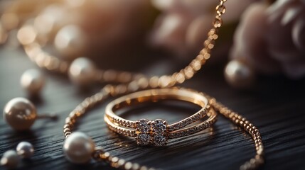 Poster - Golden ring with diamonds shining next to pearl necklace on dark wooden surface