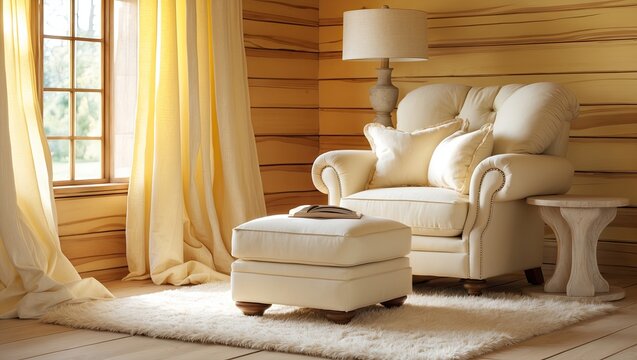 Warm setting  unfold a cozy white lazy sofa in a wooden room