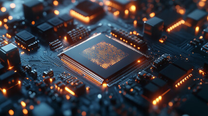 Poster - Abstract technology Ai computing chipset on circuit board concept working data of Artificial intelligence and futuristic digital for future on dark blue background.