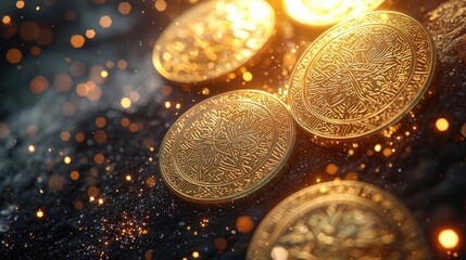 Poster - Wealth gold concept. Shimmering gold coins scattered amidst sparkling lights, symbolizing wealth and prosperity.