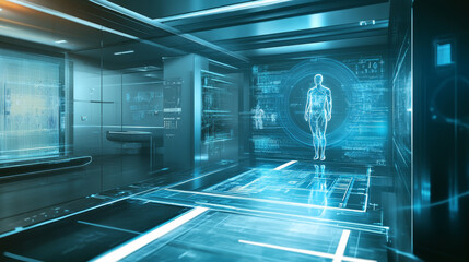 Poster - abstract technology ui futuristic concept hud interface hologram elements of digital data chart, communication, computing,human body digital health care ; health future design on hi tech background.