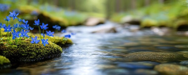 Aufkleber - Blue wildflower idea. Blue flowers by a tranquil stream in a serene forest setting.