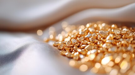 Aufkleber - Wealth gold concept. A close-up view of shiny gold coins scattered on soft, elegant fabric.