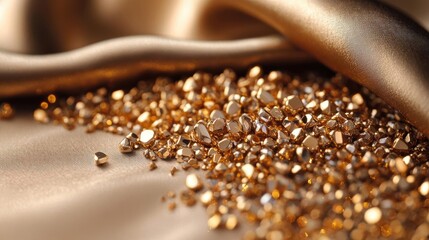 Poster - Wealth gold concept. Glistening golden gems scattered on luxurious silk fabric for elegance and beauty.