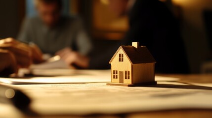 Aufkleber - A wooden house model sits prominently on a table surrounded by papers as two individuals engage in discussions about real estate investment strategies. The warm lighting adds an inviting ambiance.
